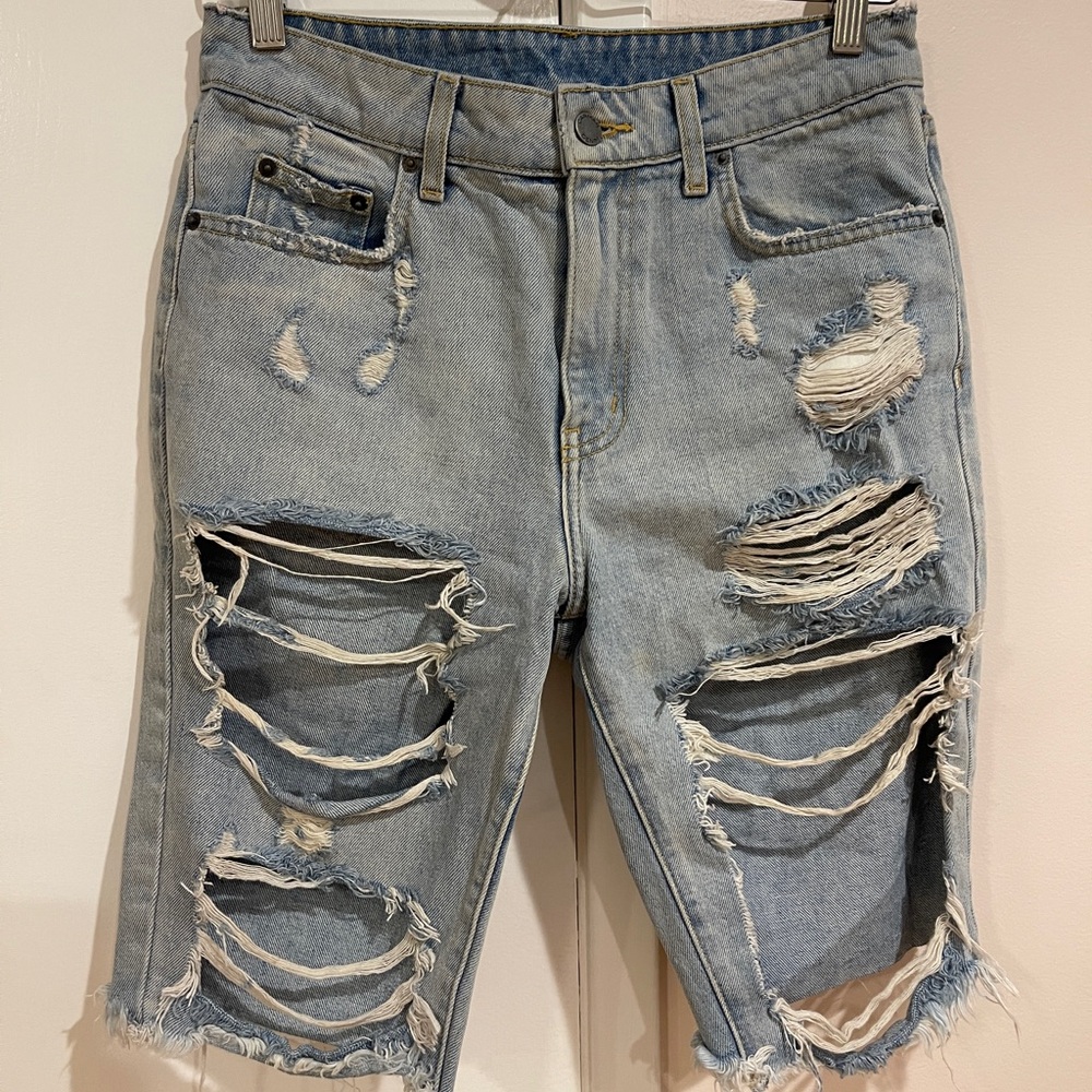 Distressed Denim Thigh Shorts Above Knee